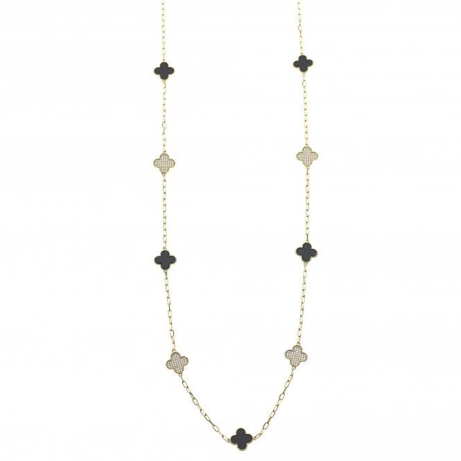 4-Leaf Clover Long Necklace | Gold Plated, Cubic Zirconia & Black