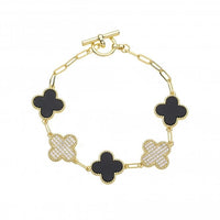4-Leaf Clover Link Bracelet | Gold Plated | Crystal & Black