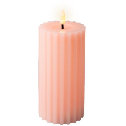 Lumineo LED Wick Vertical Carved Wax Pillar Candle with Melted Top | Pink | Warm White