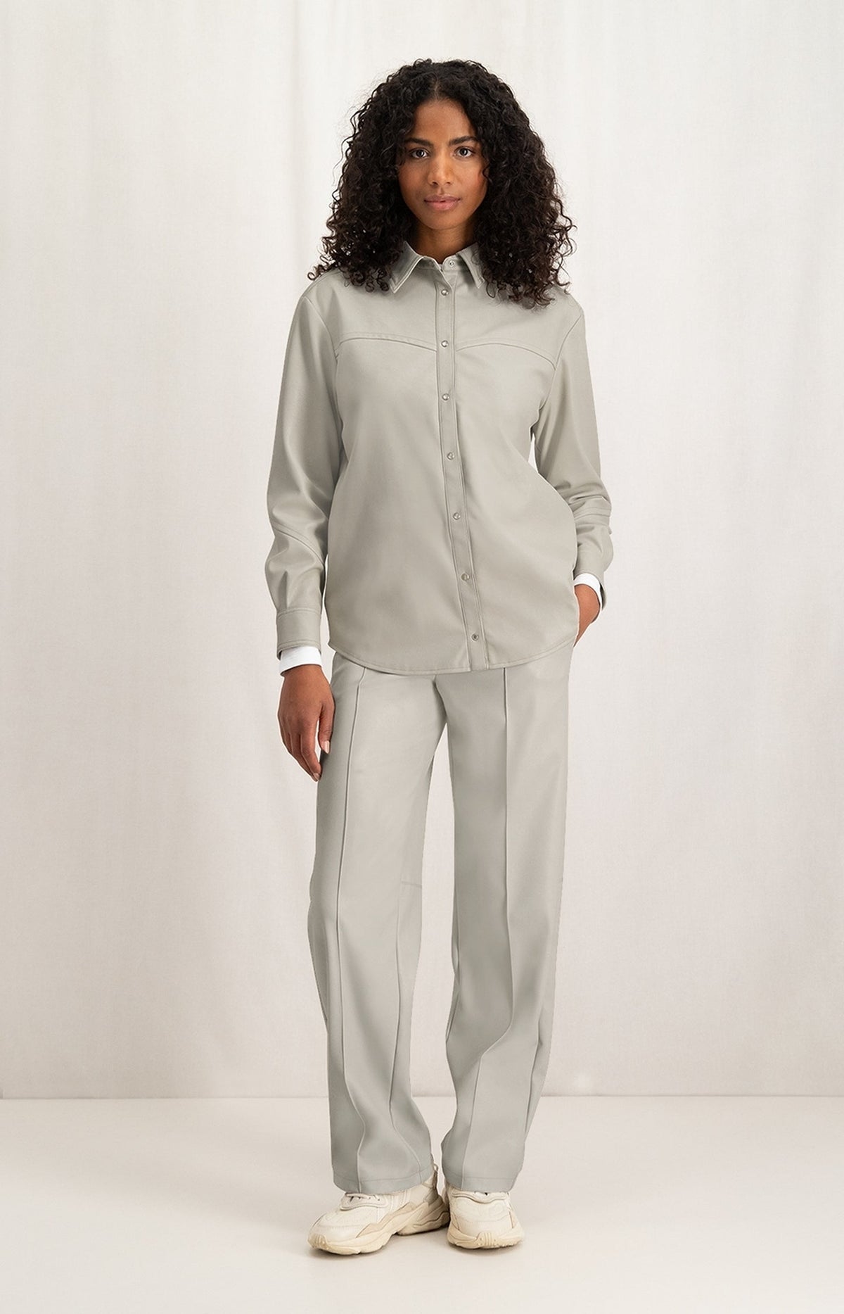 YaYa | Faux Leather Blouse | Long Sleeves | Silver Lining Beige