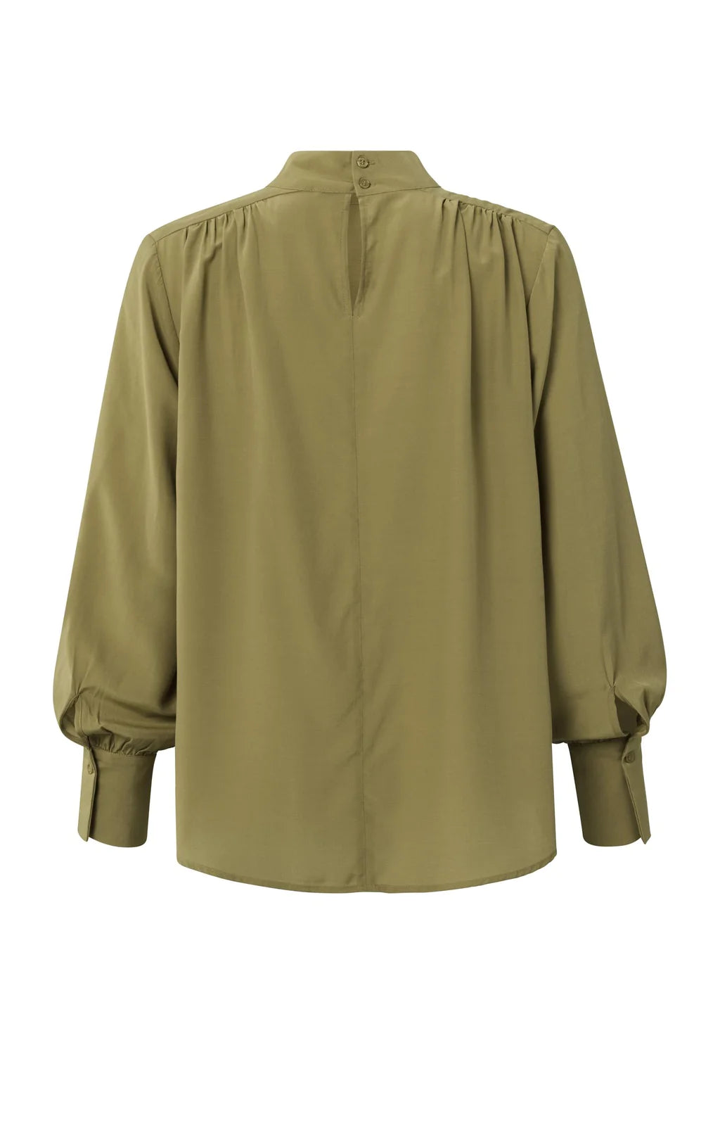 YaYa | Top with High Neck and Puffed Sleeves | Gathered Details | Gothic Olive Green
