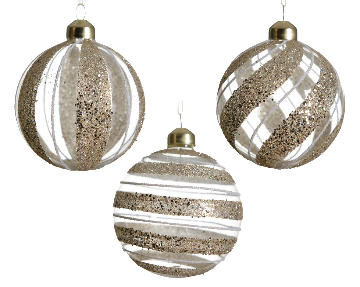 Glitter Bauble | Glass | Gold | 8cm | 3 Designs