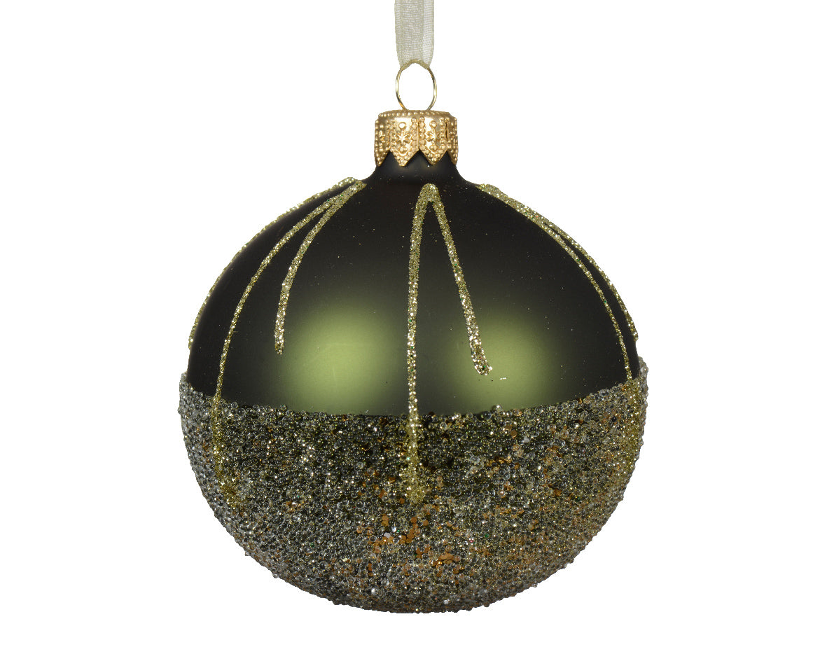 Sparkle Lines Ballotine Bauble | Matt Pine Green | Glass| 8cm