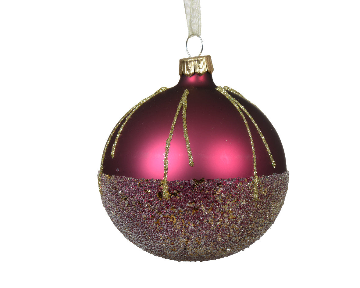 Sparkle Lines Ballotine Bauble | Matt Pomegranate | Glass| 8cm