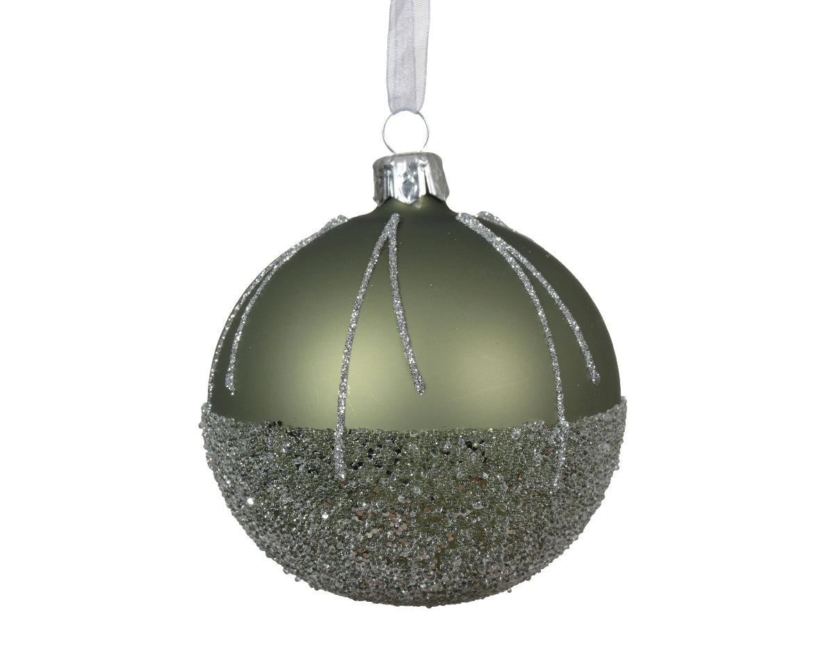 Sparkle Lines Ballotine Bauble | Matt Rosemary Green | Glass| 8cm