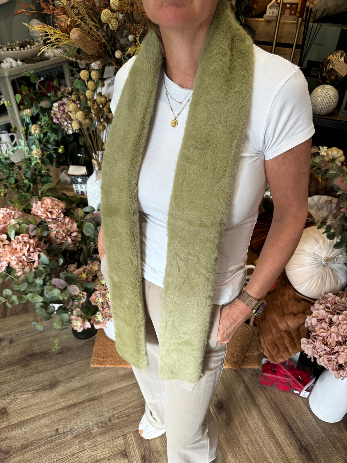 Luxe Faux Fur Long Scarf | Olive