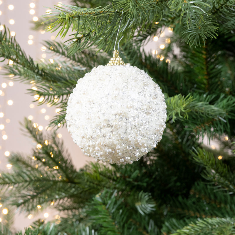 Glitter Sequin Dots Bauble | Wool White | 8cm