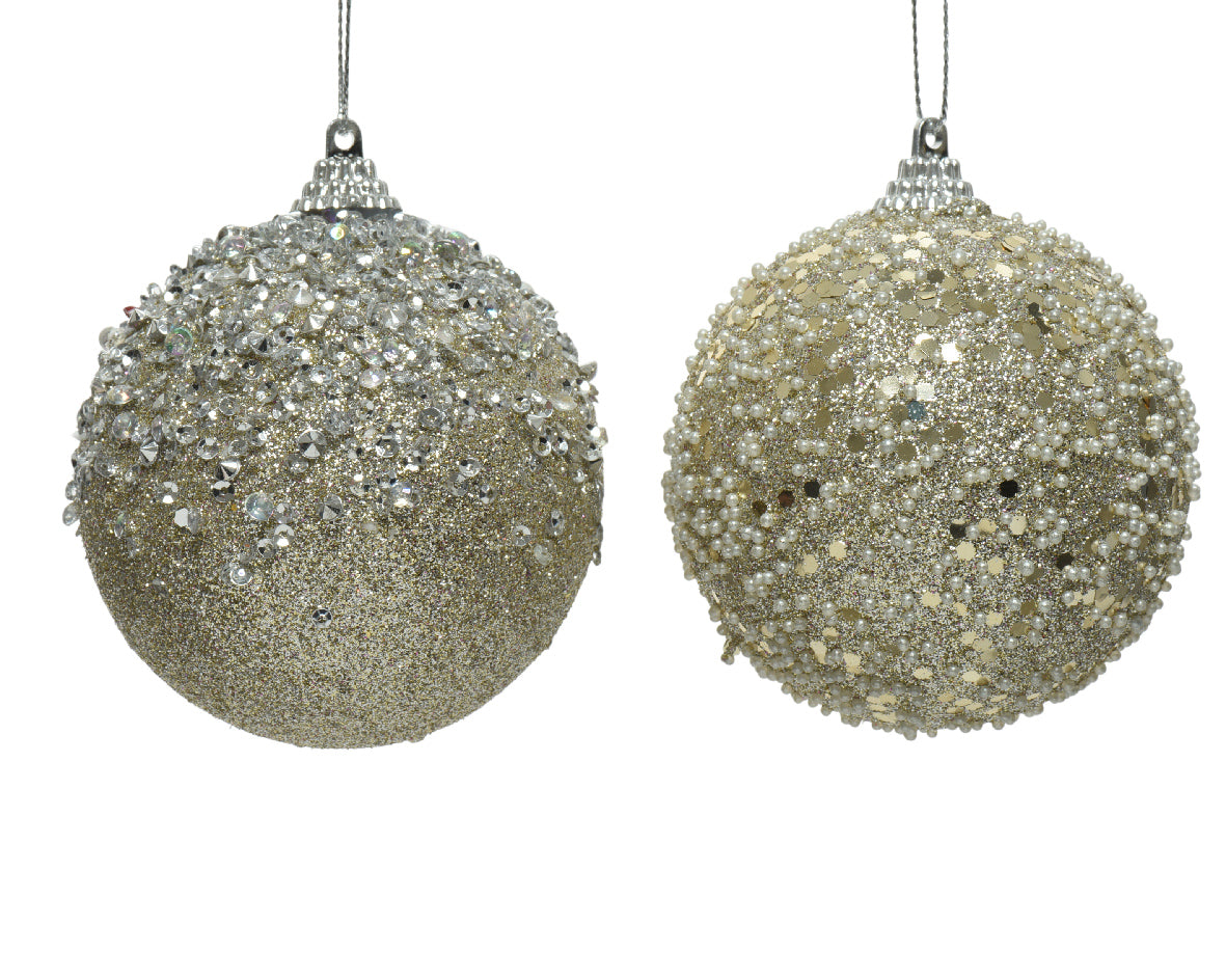 Glitter Diamond Beaded Bauble | Champagne | 8cm | 2 Designs