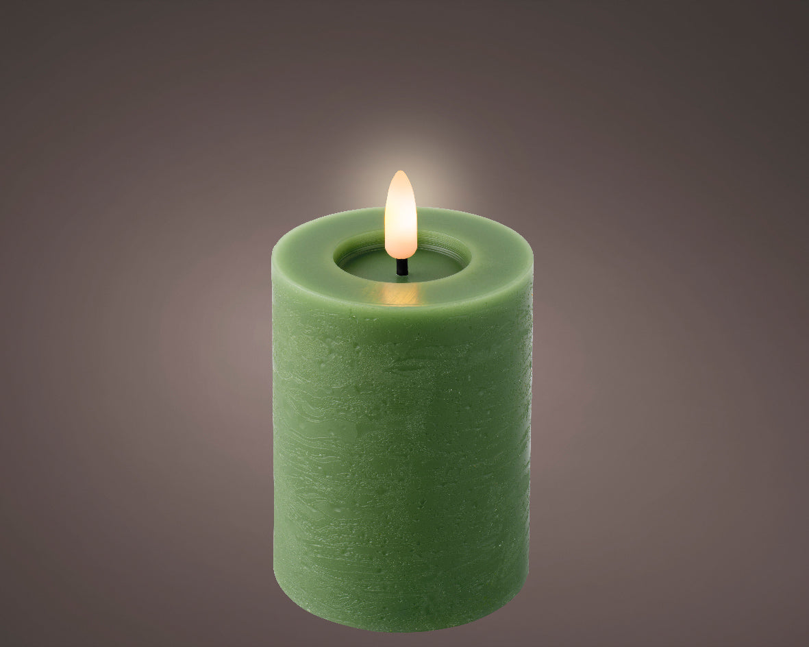 LED Battery Operated Rustic Wax Pillar Candle | Green | 11.2cm