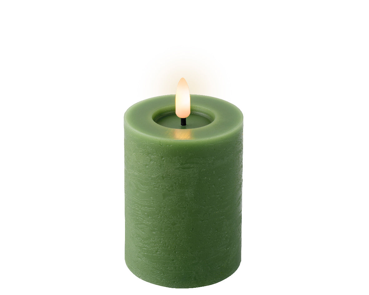 LED Battery Operated Rustic Wax Pillar Candle | Green | 11.2cm