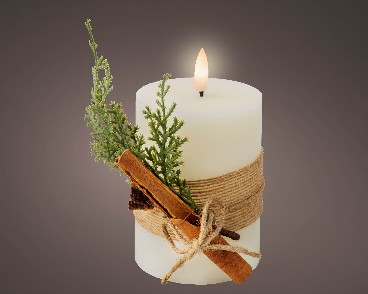 LED Battery Operated Elegant Rustic Wax Candle with Cinnamon & Greenery | Cream | 13cm