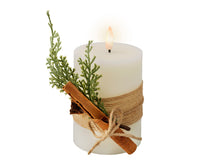 LED Battery Operated Elegant Rustic Wax Candle with Cinnamon & Greenery | Cream | 13cm