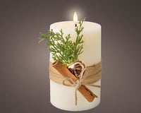 LED Battery Operated Elegant Rustic Wax Candle with Cinnamon & Greenery | Cream | 18cm