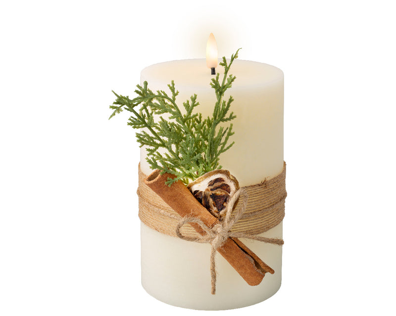 LED Battery Operated Elegant Rustic Wax Candle with Cinnamon & Greenery | Cream | 18cm