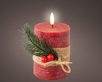 LED Battery Operated Elegant Rustic Wax Candle with Berries & Greenery | Red | 13cm