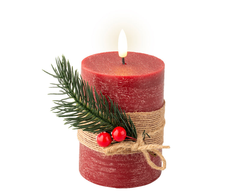 LED Battery Operated Elegant Rustic Wax Candle with Berries & Greenery | Red | 13cm