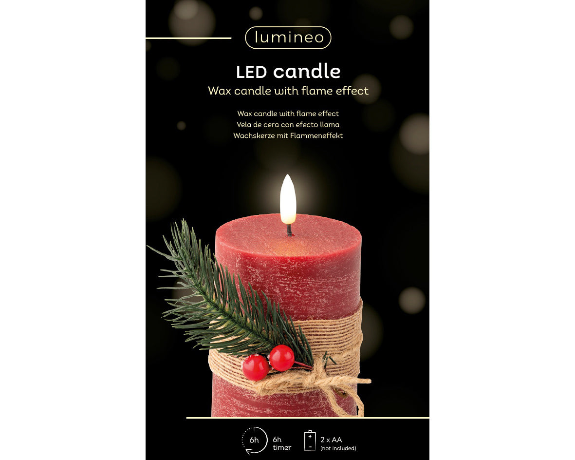 LED Battery Operated Elegant Rustic Wax Candle with Berries & Greenery | Red | 13cm