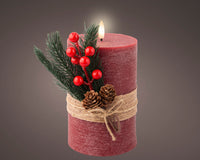 LED Battery Operated Elegant Rustic Wax Candle with Berries & Greenery | Red | 18cm