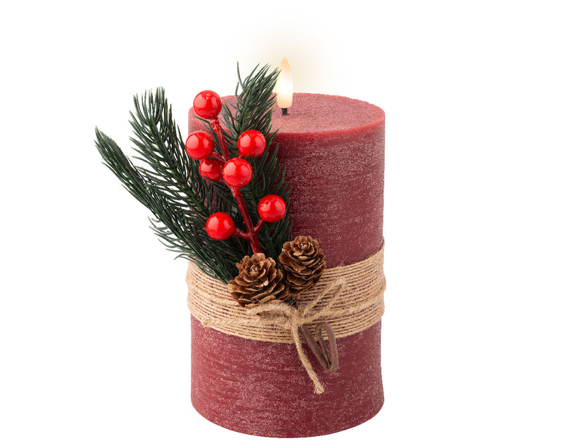 LED Battery Operated Elegant Rustic Wax Candle with Berries & Greenery | Red | 18cm