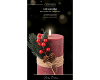 LED Battery Operated Elegant Rustic Wax Candle with Berries & Greenery | Red | 18cm