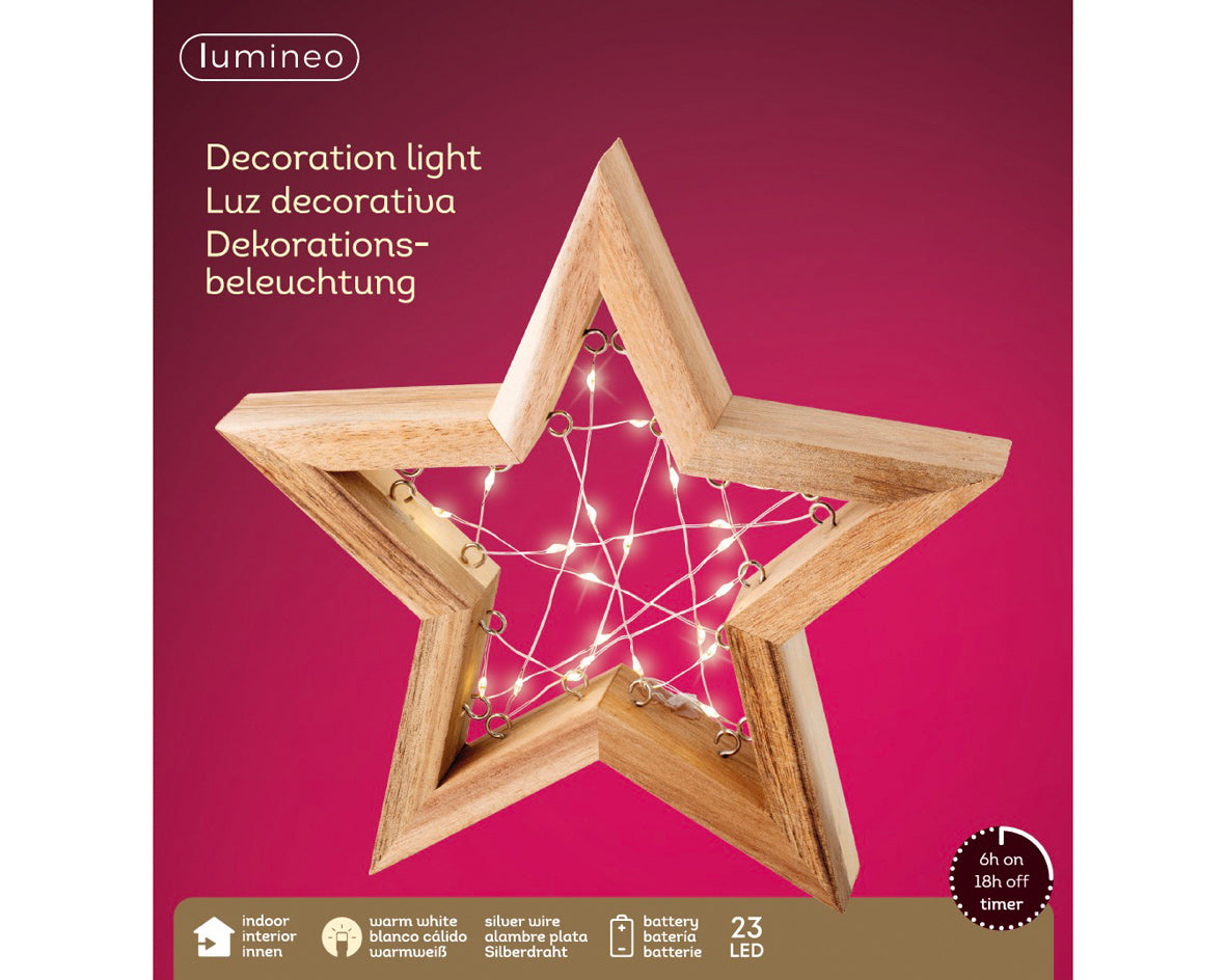 Micro LED Battery Operated Wooden Star Decoration | H24cm