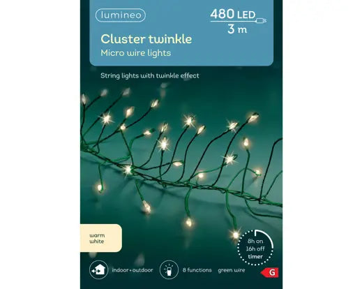 Micro LED Cluster Lights GB 8 Function | Twinkle Effect | Green/Warm White | L300cm