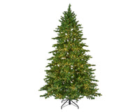 A pre-lit artificial Christmas tree with green needles and warm white lights, standing on a black metal stand against a plain white background.