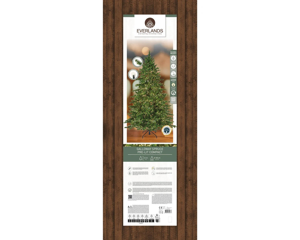 Everlands artificial Christmas tree in its original retail packaging, featuring a green tree pictured on the front insert with the brand name Everlands and product details below.