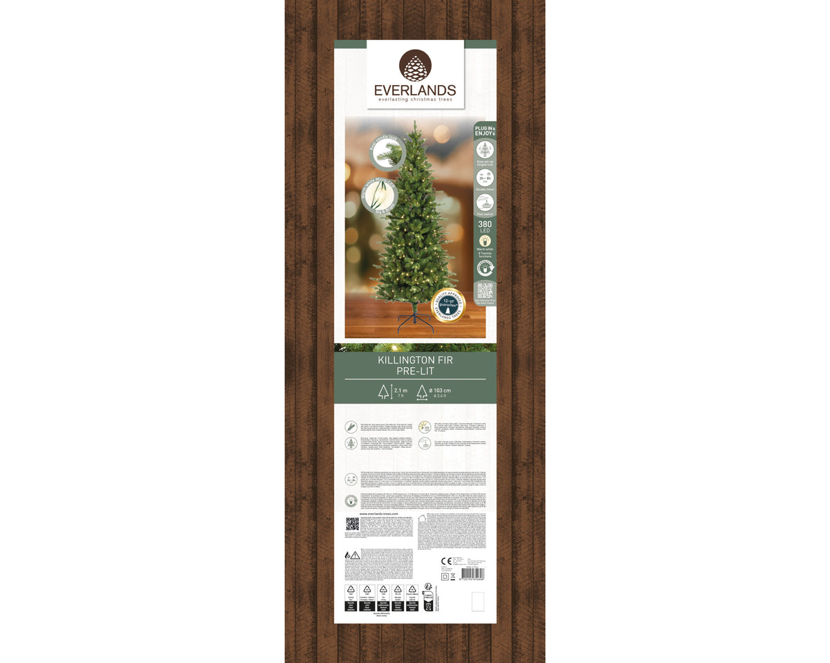 Everlands  Pre-Lit Christmas Tree in a tall, narrow retail package with a woodgrain border, showing the front and back of the packaging on a white background.