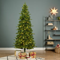 Pre-lit Christmas tree in a room with shelving and wrapped presents beneath
