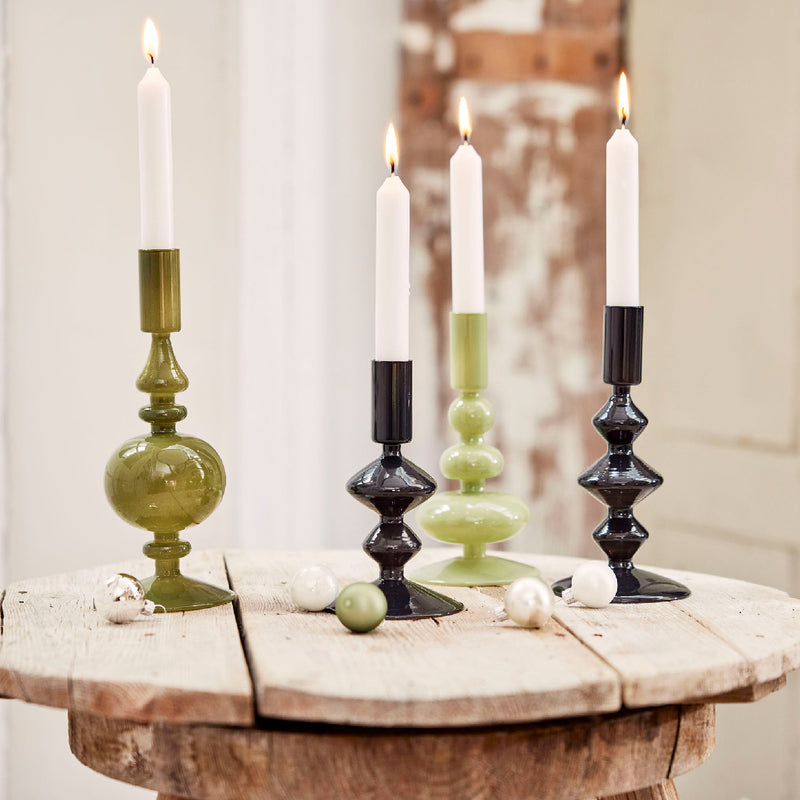 Glass Bubble Design Pillar Candle Holder | Rosemary Green | 22cm