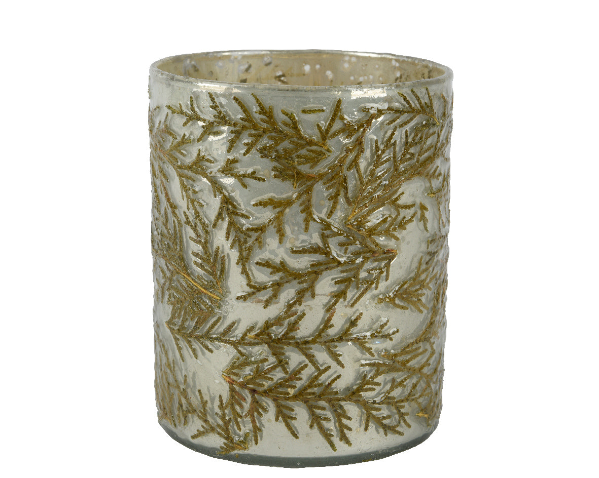 Textured Frosted Glass Votive Candleholder | Gold Twig Design | 9cm