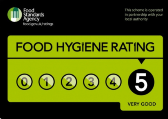 Food hygiene rating sticker with a score of 5 from the Food Standards Agency on a white background.