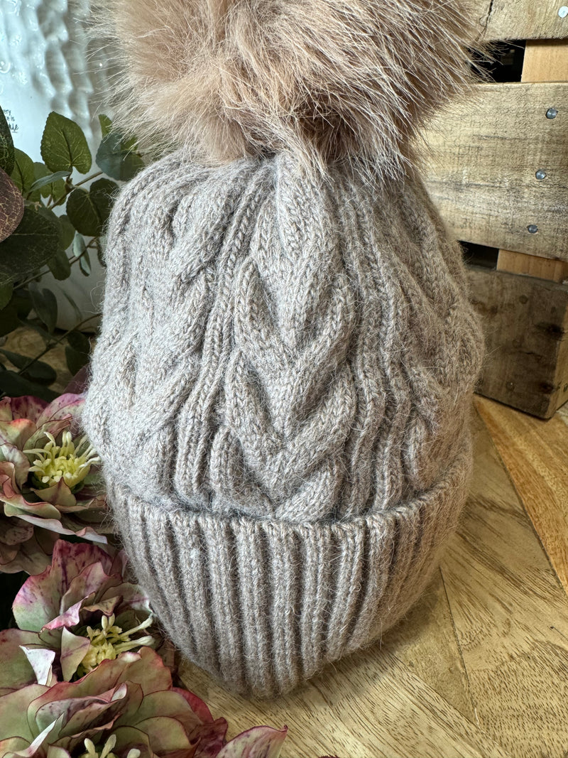 Wool Mix Hat with Faux Fur Pom Pom | Cappuccino