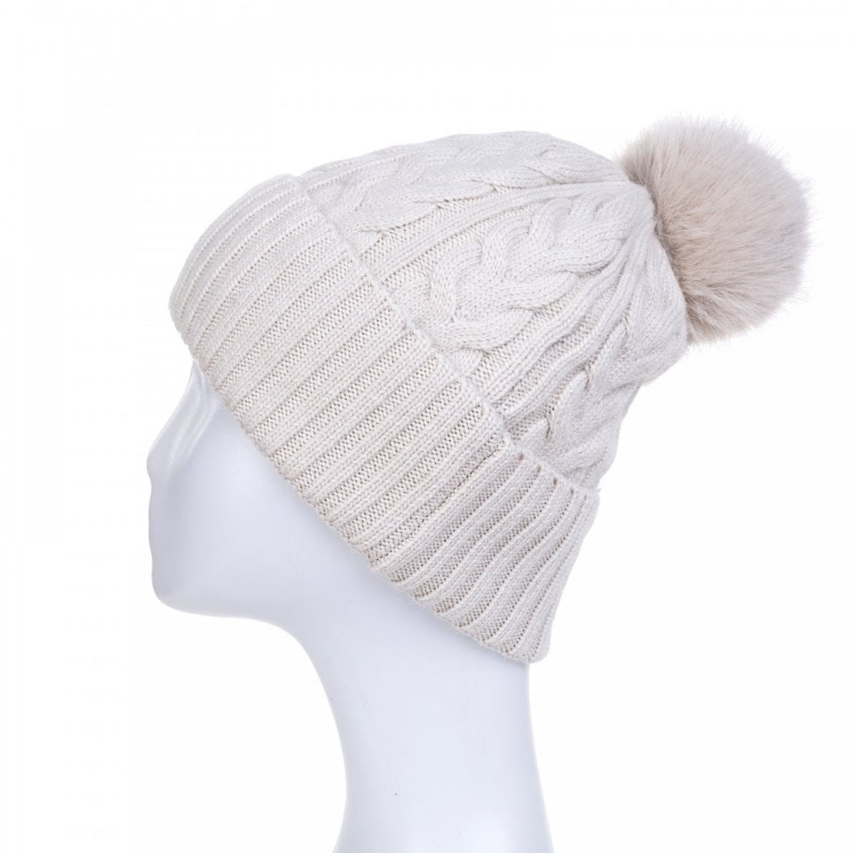 Wool Mix Hat with Faux Fur Pom Pom | Stone