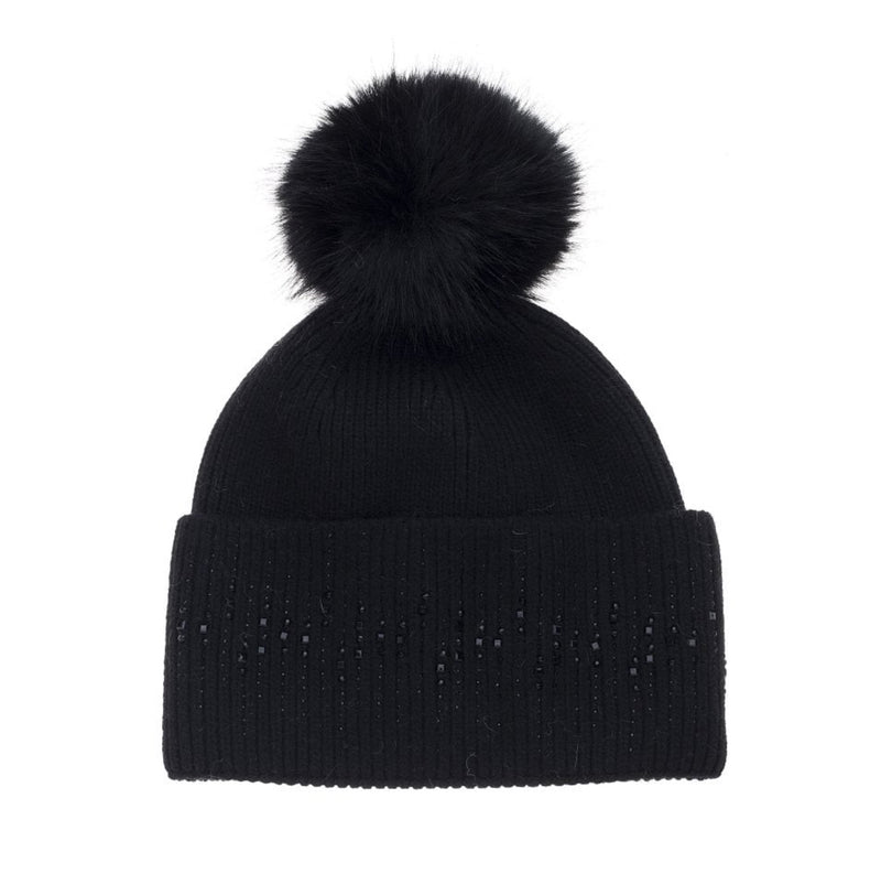 Wool Mix Hat with Faux Fur Pom Pom | Black