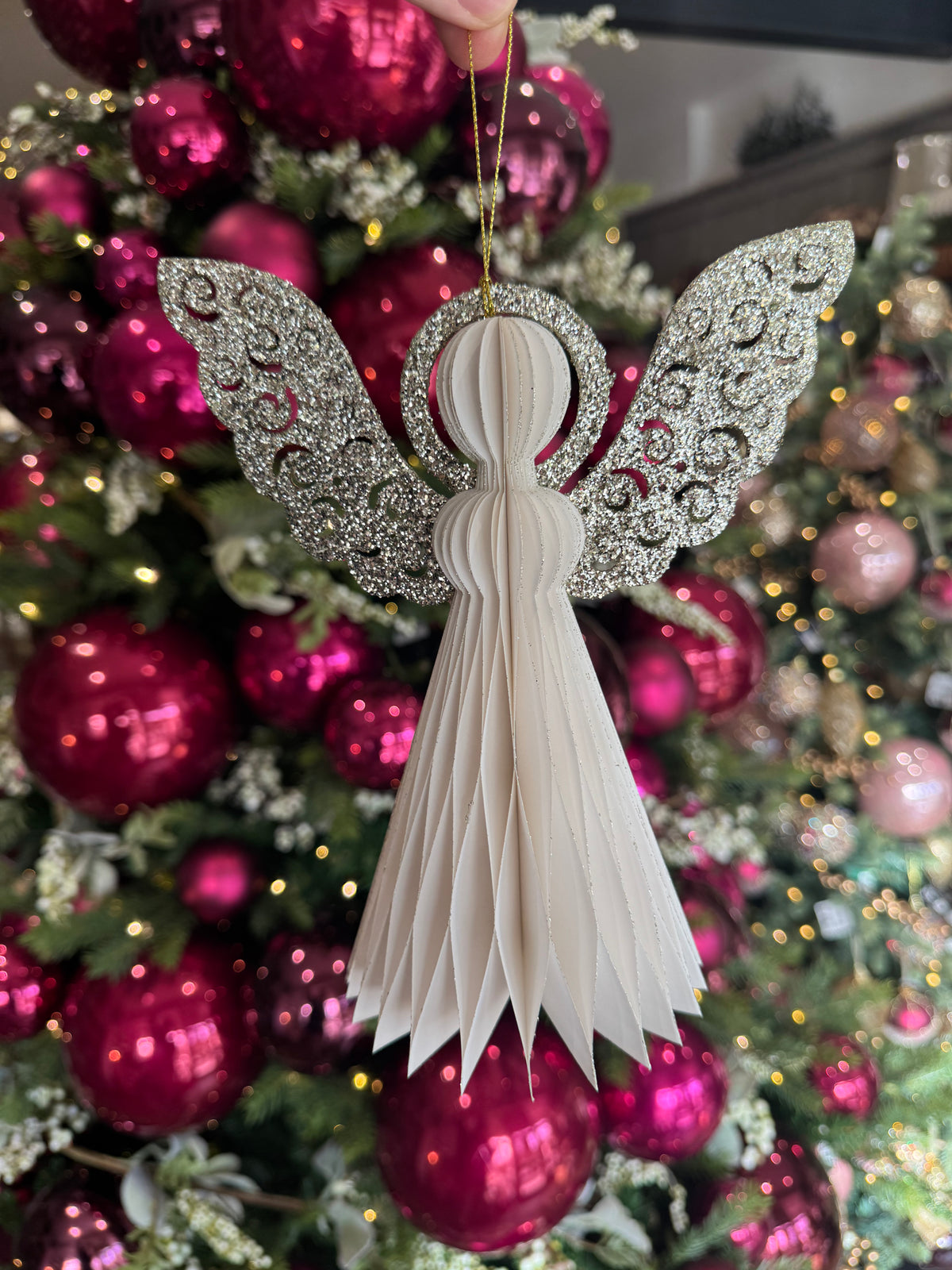 Hanging Honeycomb Paper Angel Decoration | White with Gold Brush Edge | Angel | FSC 100%