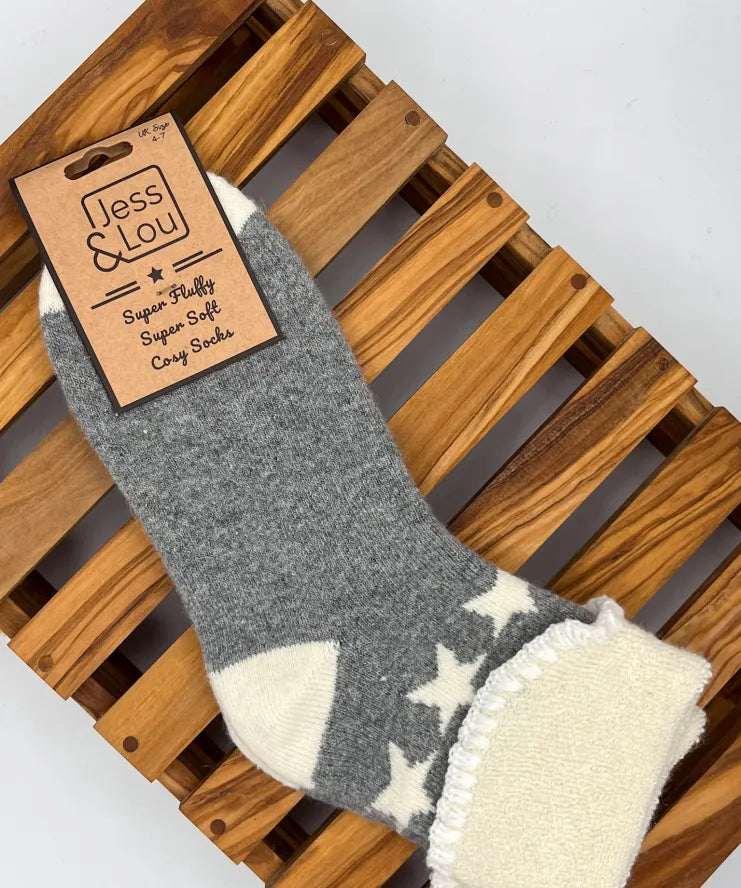 Ladies Wool Mix Cosy Cuff Socks | Grey Star Border