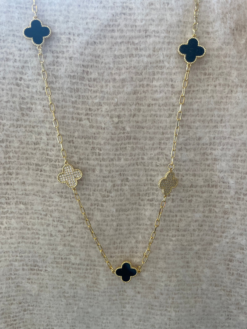 4-Leaf Clover Long Necklace | Gold Plated, Cubic Zirconia & Black
