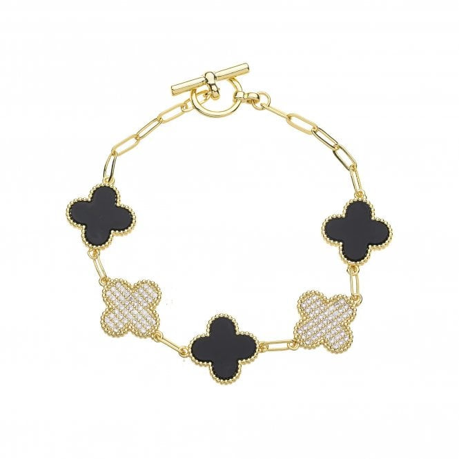 4-Leaf Clover Link Bracelet | Gold Plated | Crystal & Black