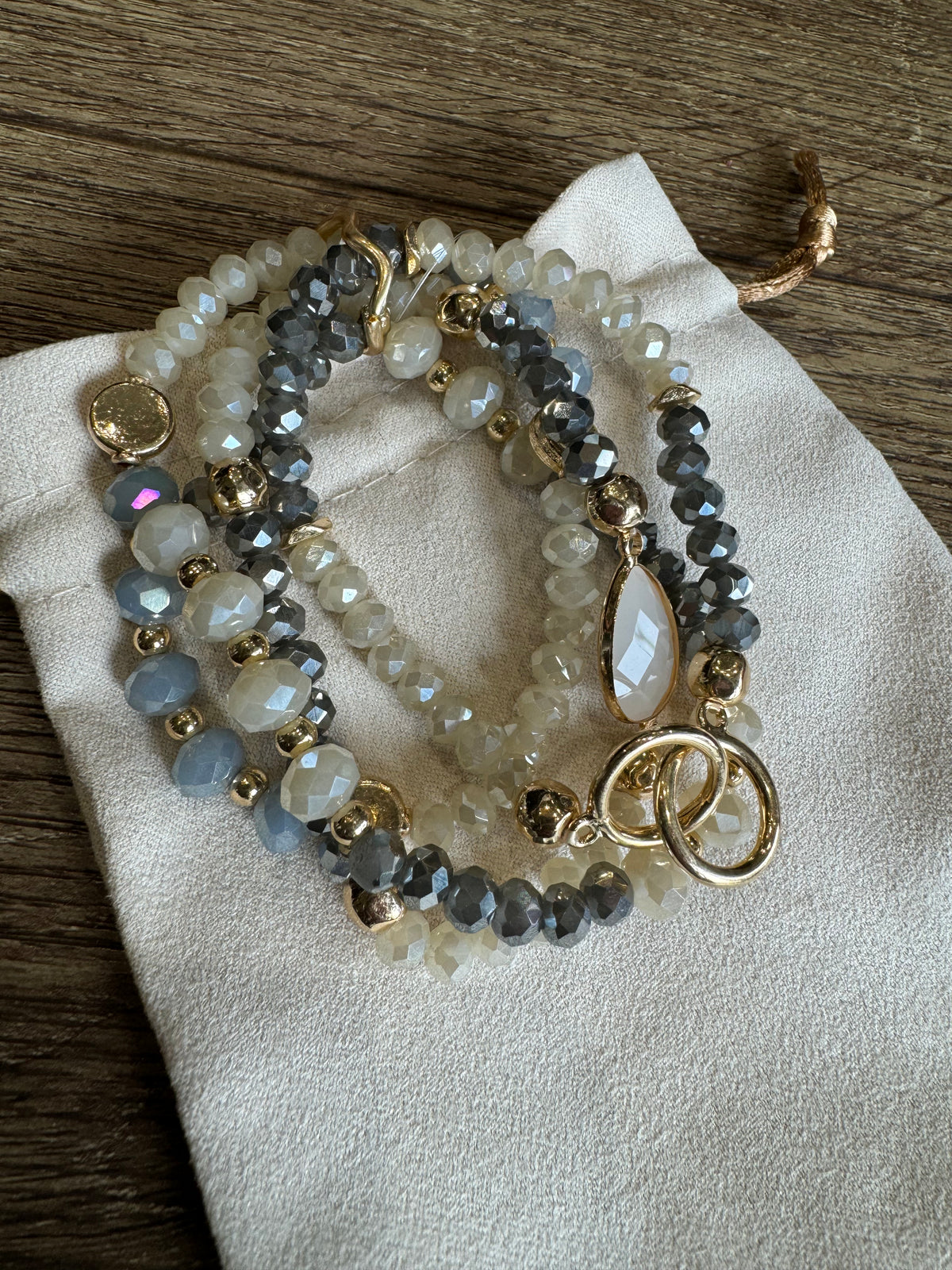 Grey, and Natural Beaded Bracelet| Gold Plated