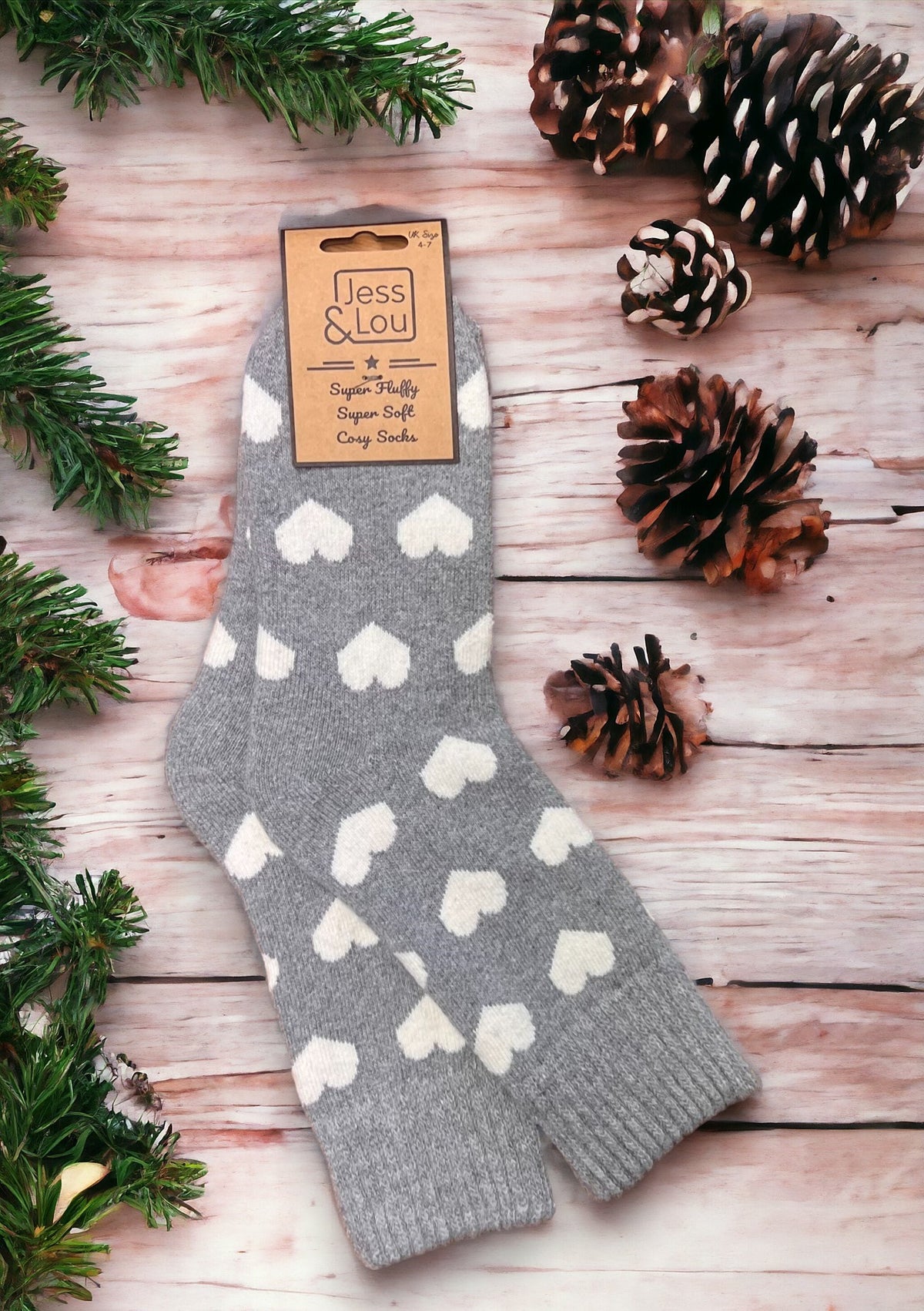 Ladies Wool Mix Cosy Ribbed Socks | Heart Design | Grey