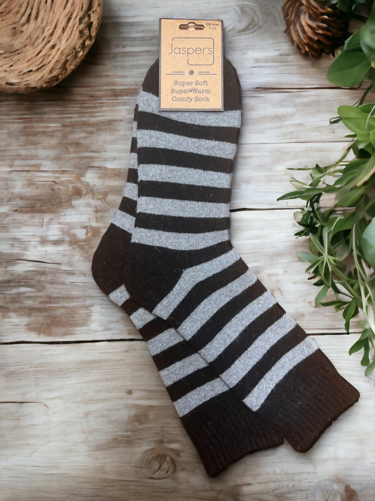 Mens Wool Mix Super Soft Socks | Stripe | Black and Grey