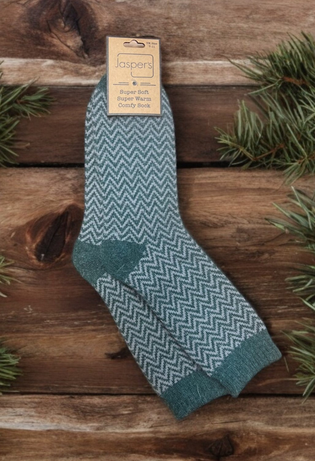 Mens Wool Mix Super Soft Socks | Herringbone | Green and Grey