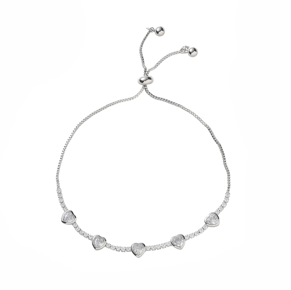 Adjustable Bracelet with Cubic Zirconia Hearts | Rhodium Plated