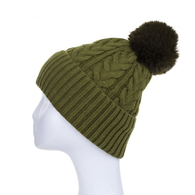 Wool Mix Hat with Faux Fur Pom Pom | Olive