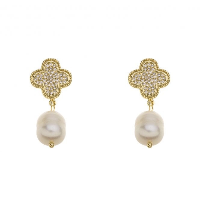 4-Leaf Clover & Pearl Drop Earrings | Gold Plated & Cubic Zirconia