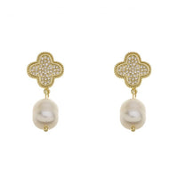 4-Leaf Clover & Pearl Drop Earrings | Gold Plated & Cubic Zirconia