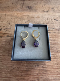 Purple Cubic Zirconia Stone Drop Earrings | Gold Plated