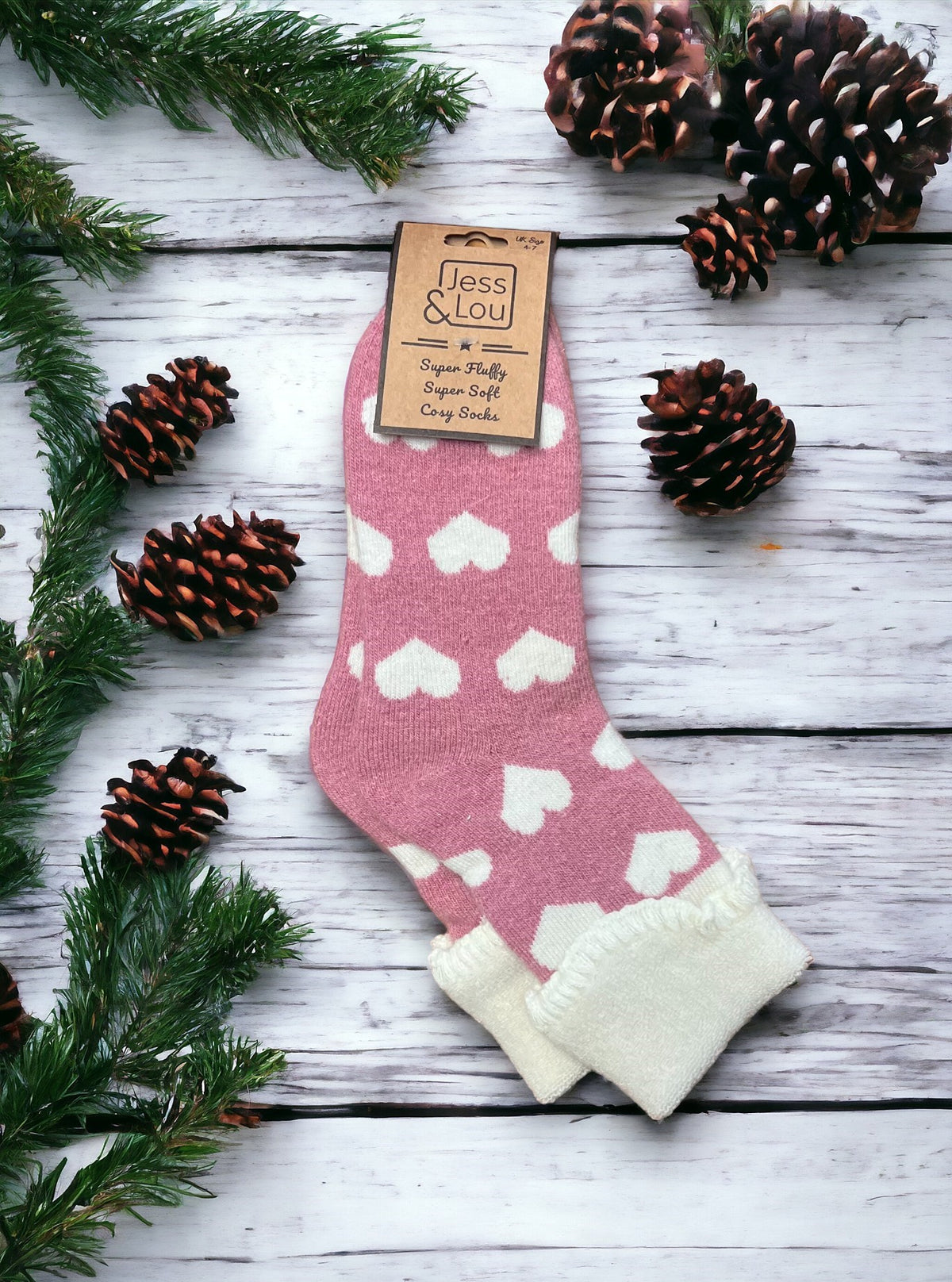 Ladies Wool Mix Cosy Cuff Socks | Heart Design | Pink